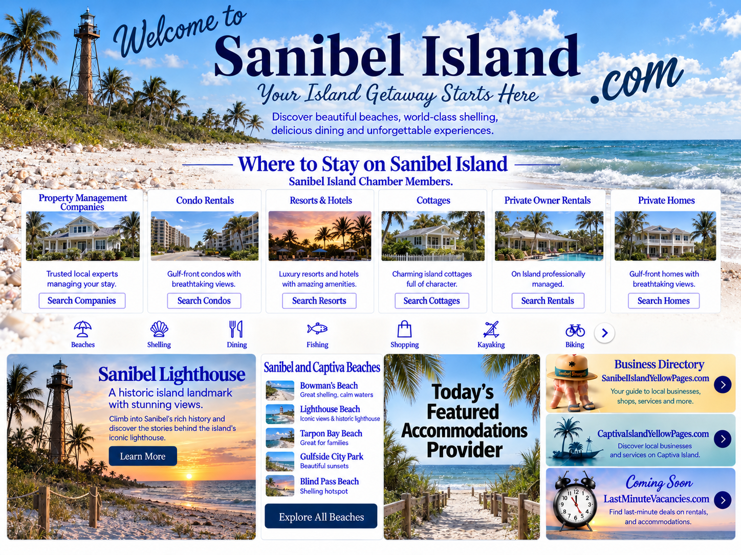 Sanibel Island welcome design with six accommodation categories, island activities, lighthouse, beaches and featured provider.