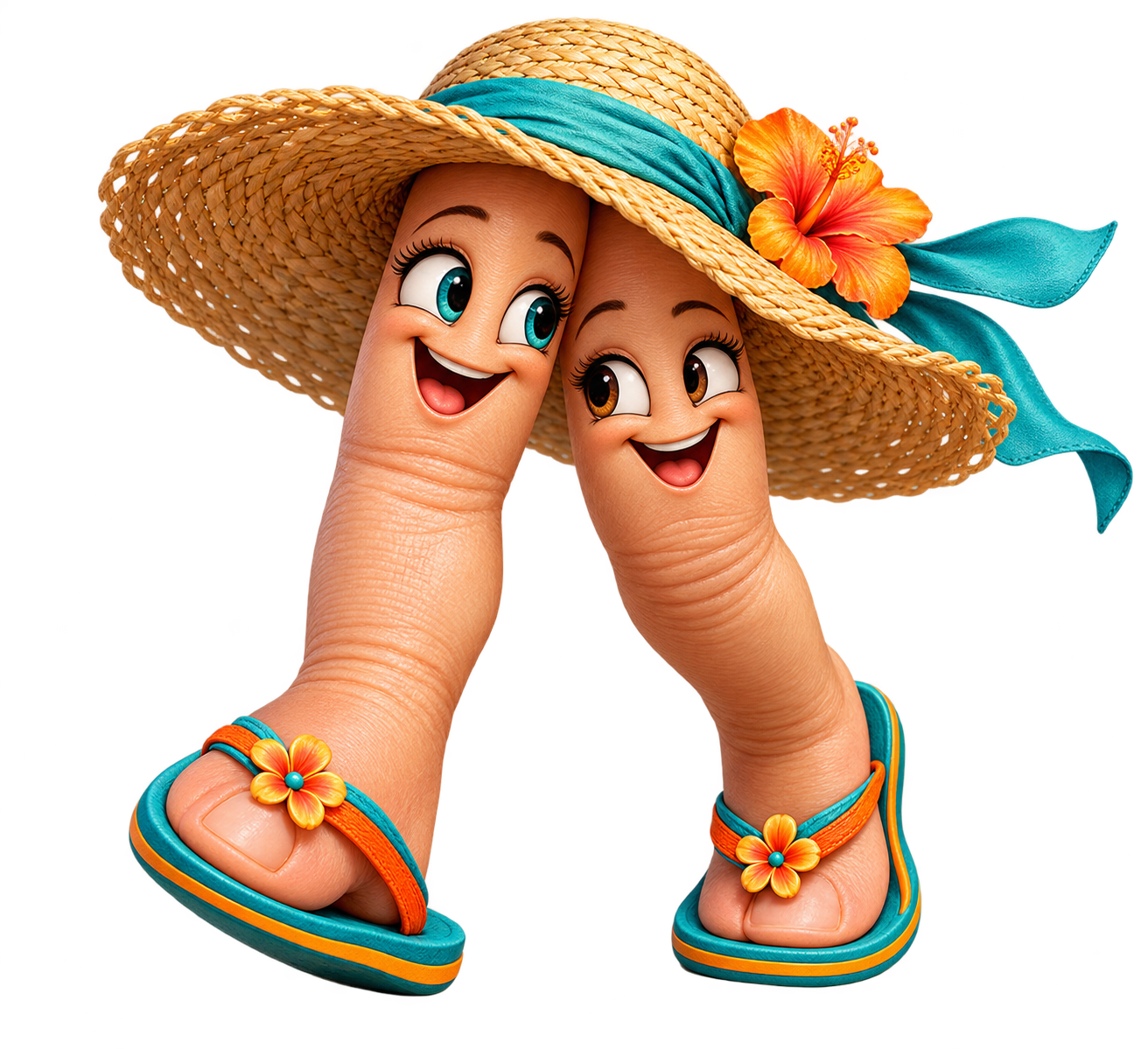 Smiling walking fingers wearing a straw beach hat and turquoise flip-flops